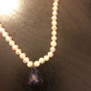 14k Pearl necklace with faceted sapphire